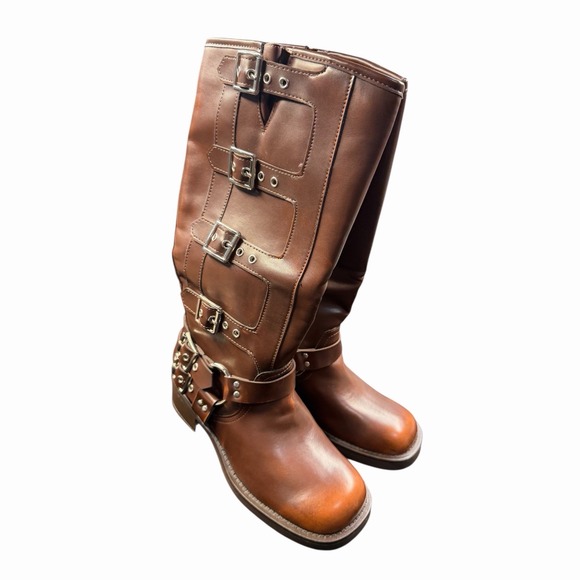 Athlefit Shoes - Women's Knee High Riding Biker Boots Buckle Square Toe Chunky Heel Wide Calf